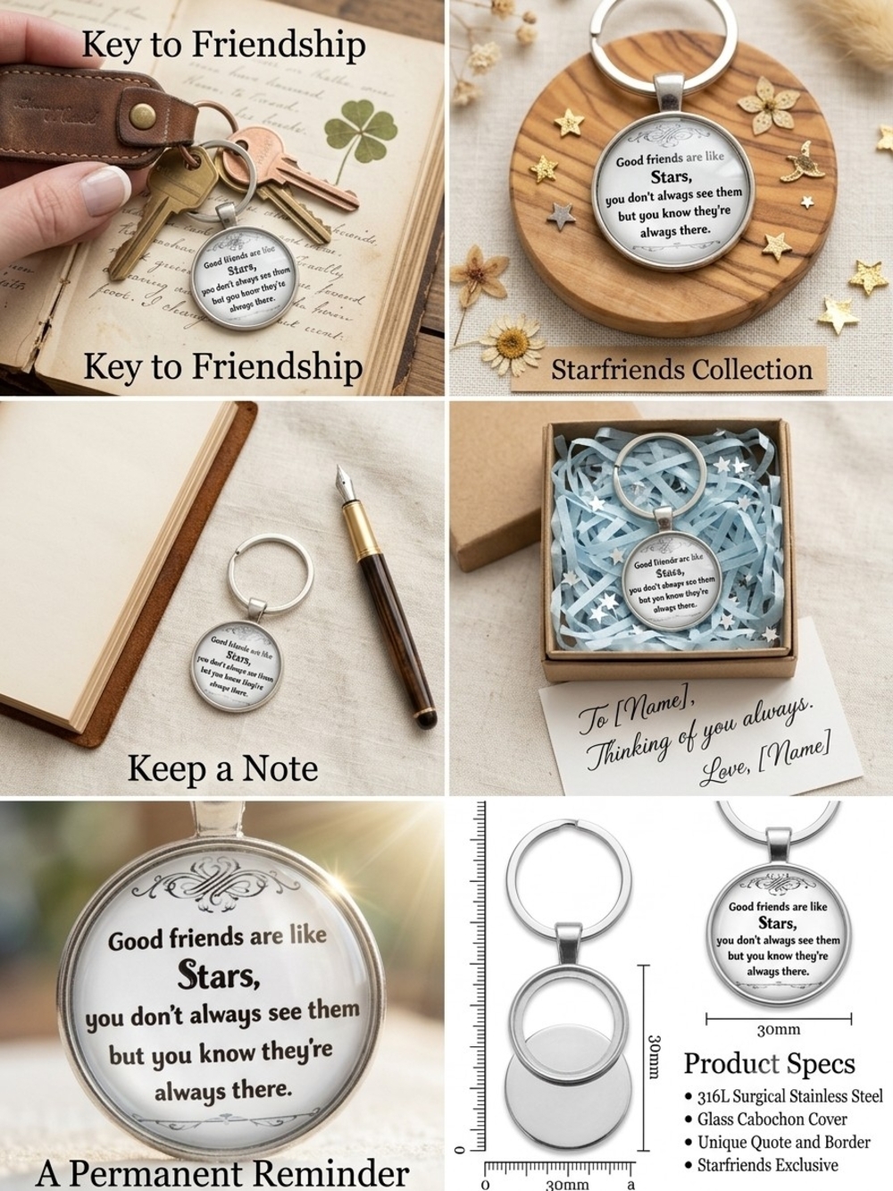 Friendship Stars Keychain — Silver Tone Inspirational Keyring